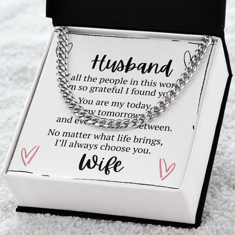 To My Husband – Cuban Link Chain Necklace Gift from Wife | Romantic Message Card Gift for Him