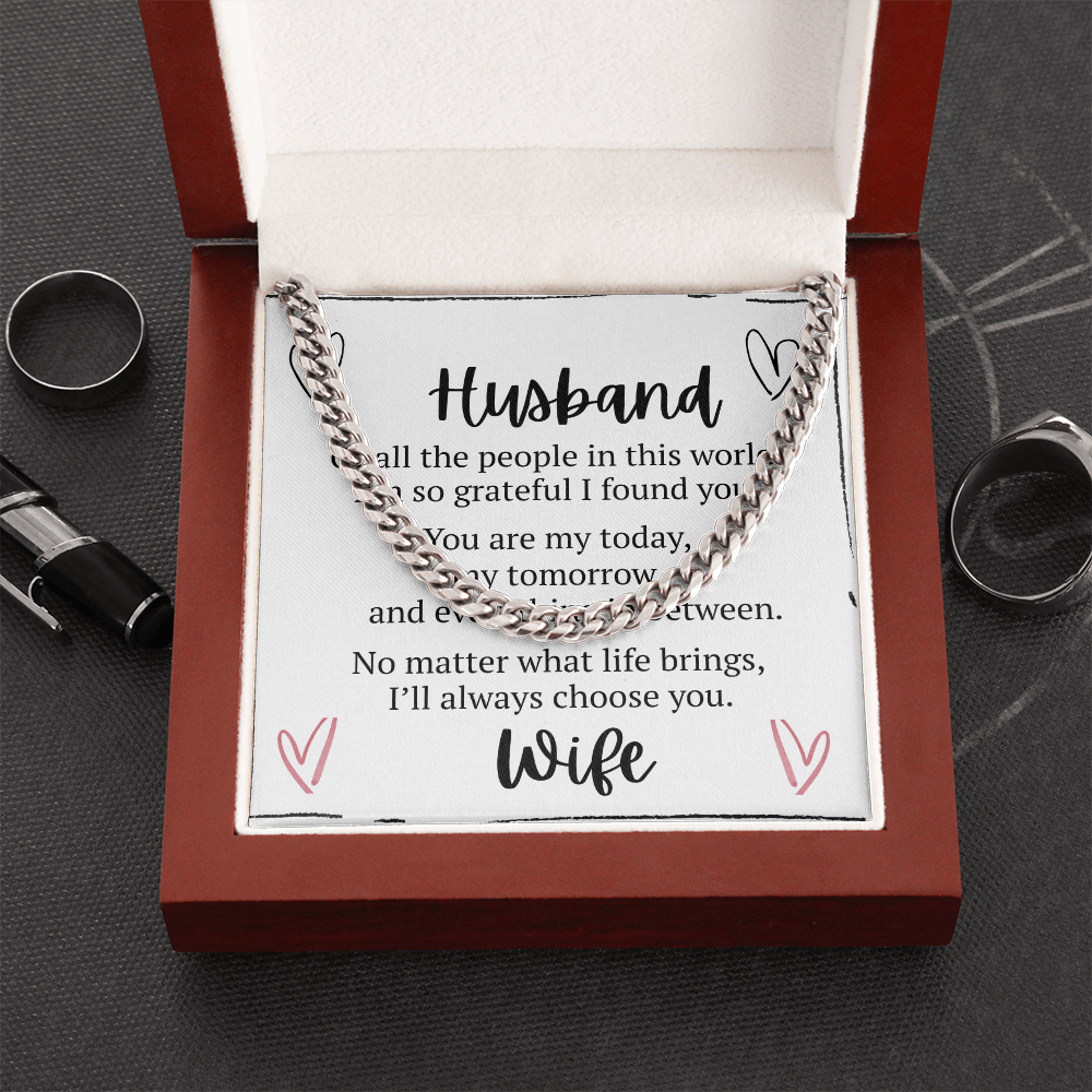 To My Husband – Cuban Link Chain Necklace Gift from Wife | Romantic Message Card Gift for Him