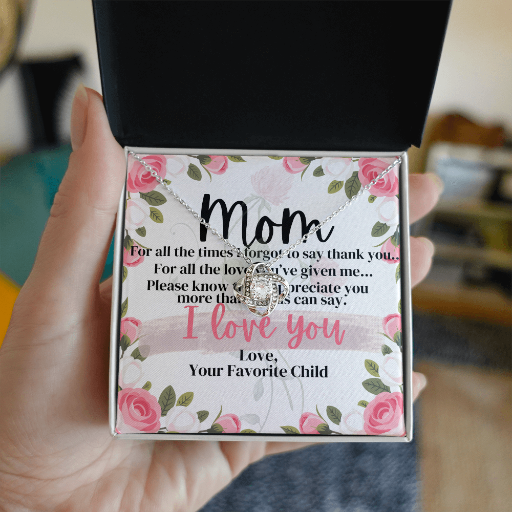 To My Mom – Love Knot Necklace Gift from Daughter or Son | “I Love You” Message Card Jewelry for Mom
