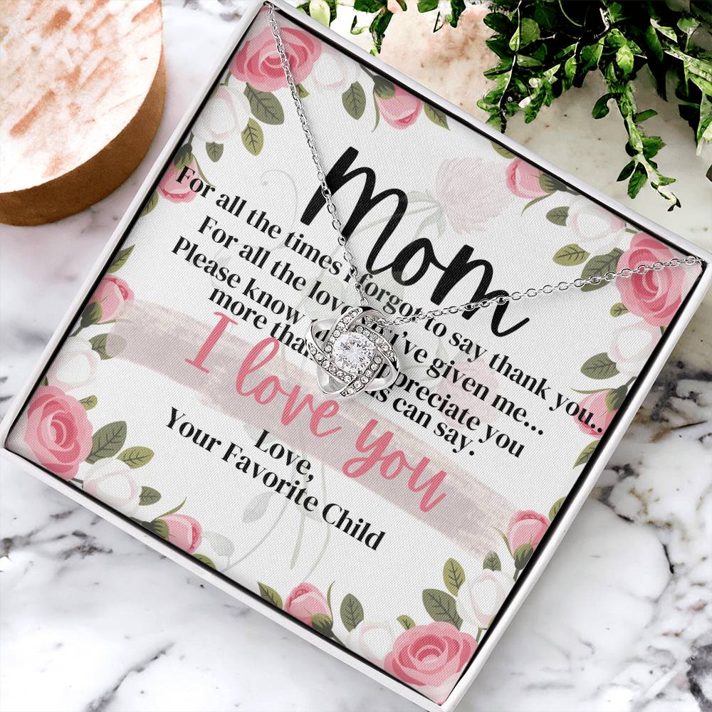 To My Mom – Love Knot Necklace Gift from Daughter or Son | “I Love You” Message Card Jewelry for Mom
