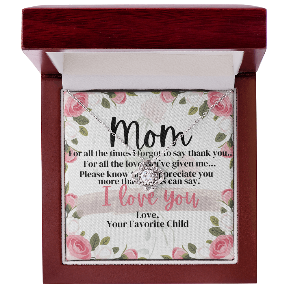 To My Mom – Love Knot Necklace Gift from Daughter or Son | “I Love You” Message Card Jewelry for Mom